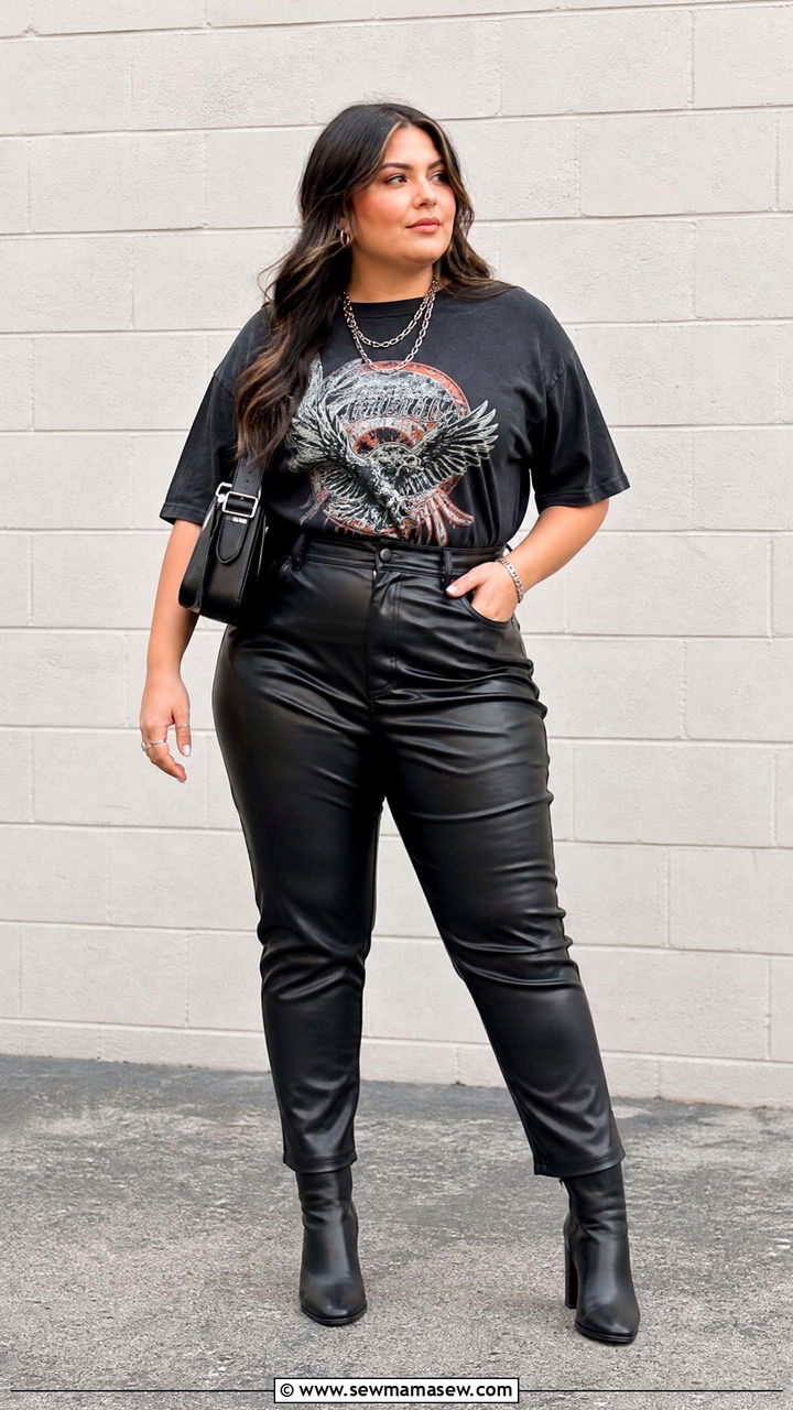 Plus Size Graphic Tee With Faux Leather Pants - 20 plus size edgy top outfit ideas