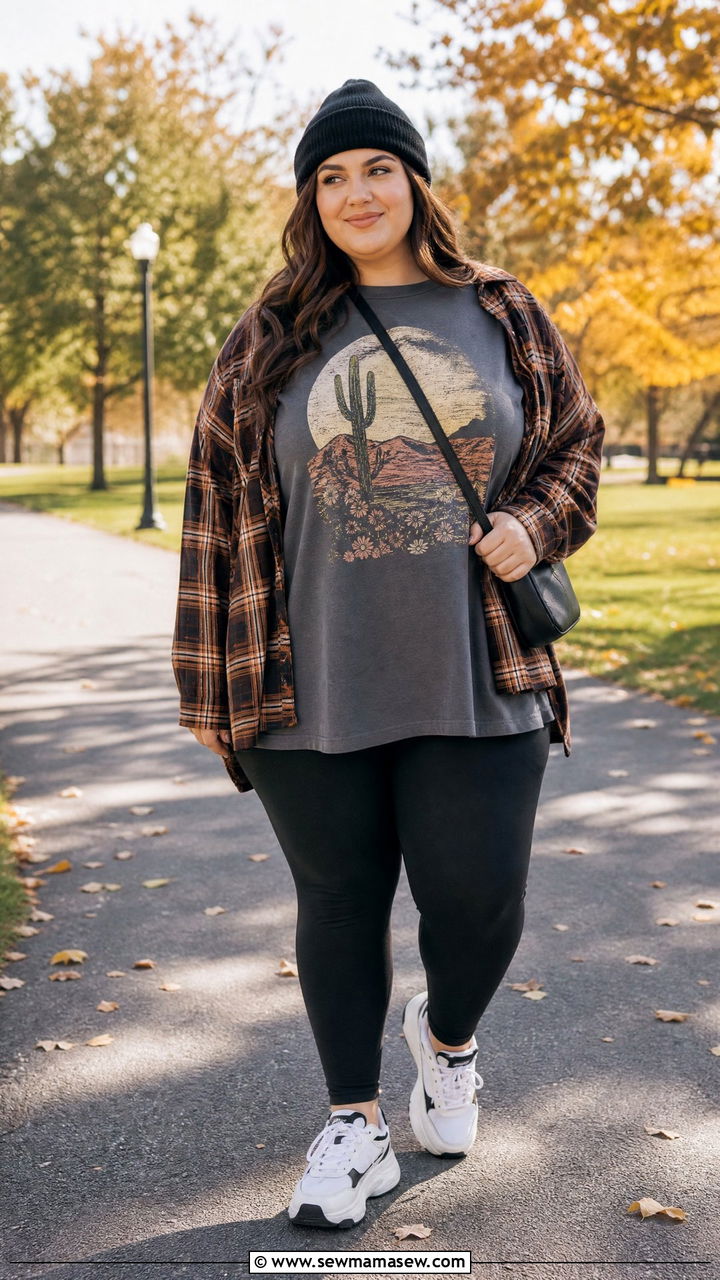 Plus Size Graphic Tee With Flannel Shirt And Leggings - 20 plus size graphic tee outfit ideas