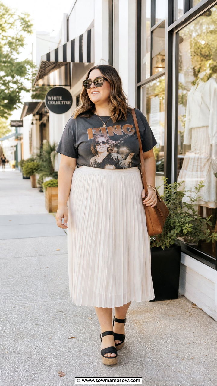 Plus Size Graphic Tee With Flowy Midi Skirt - 20 plus size summer top outfit ideas