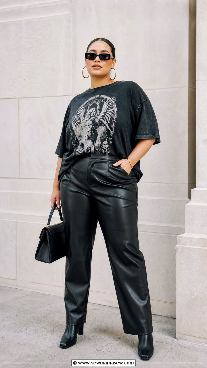 Plus Size Graphic Tee With Leather Pants - 20 plus size graphic tee outfit ideas