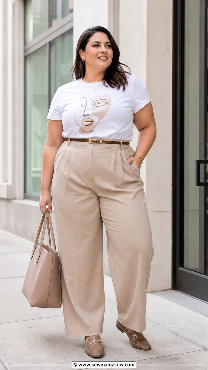 Plus Size Graphic Tee With Tailored Trousers - 20 plus size graphic tee outfit ideas