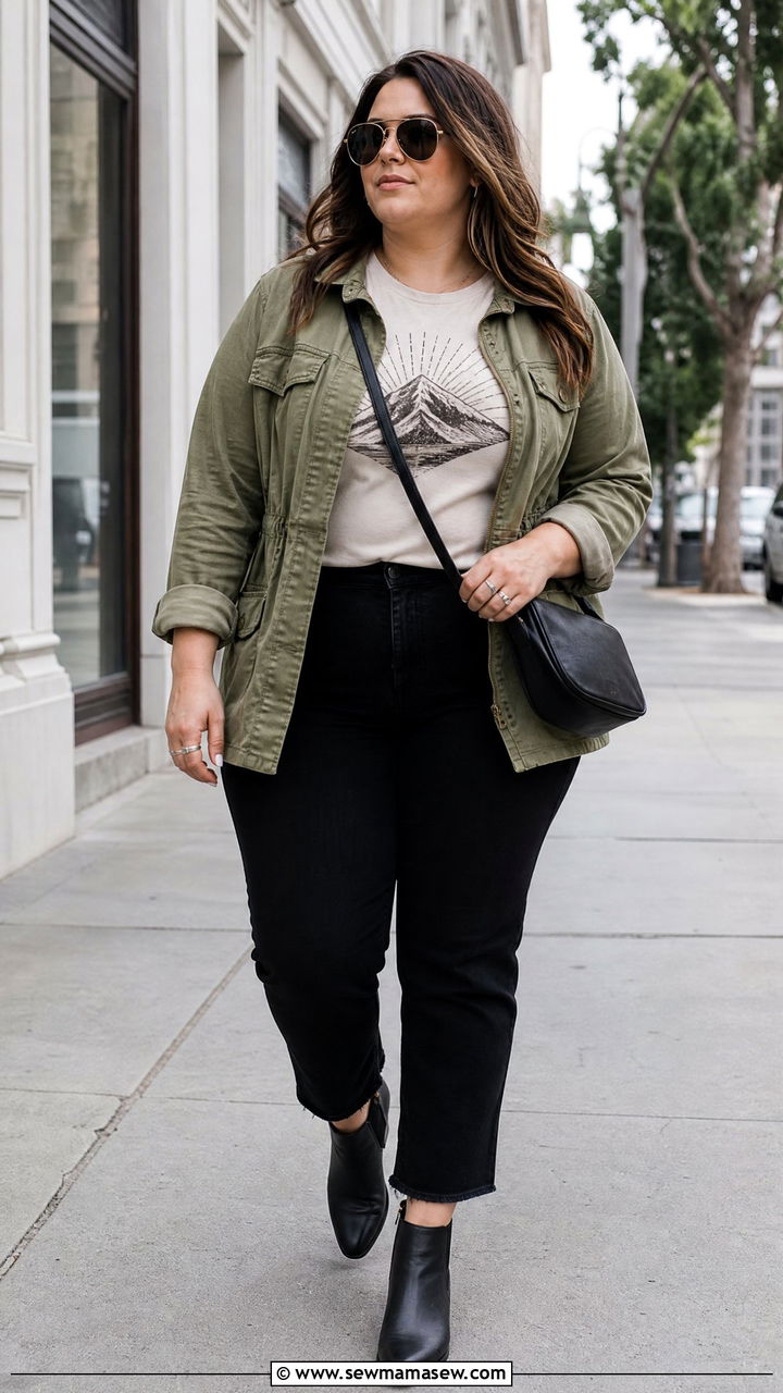 Plus Size Graphic Tee With Utility Jacket And Black Jeans - 20 plus size graphic tee outfit ideas