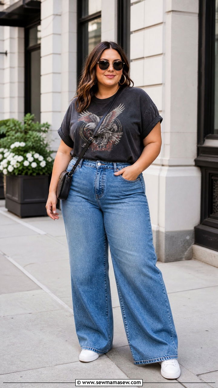 Plus Size Graphic Tee With Wide Leg Jeans - 20 plus size graphic tee outfit ideas