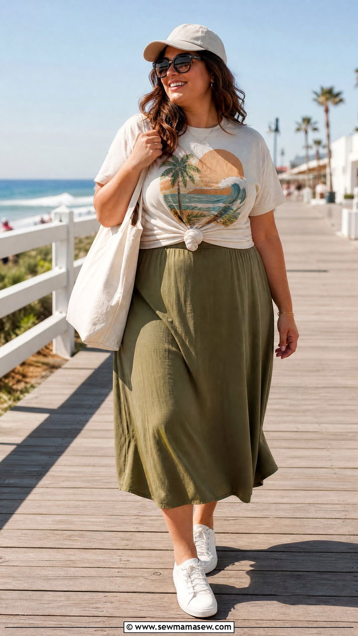 Plus Size Graphic Vacation Tee Outfit - 20 plus size vacation top outfit ideas