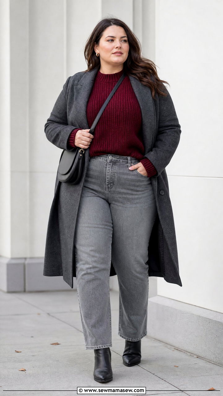 Plus Size Gray Jeans With Burgundy Sweater - 20 plus size fall outfit ideas with jeans