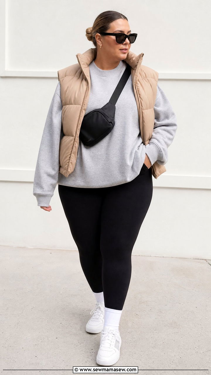 Plus Size Gray Sweatshirt And Black Leggings Outfit - 20 plus size neutral outfit ideas