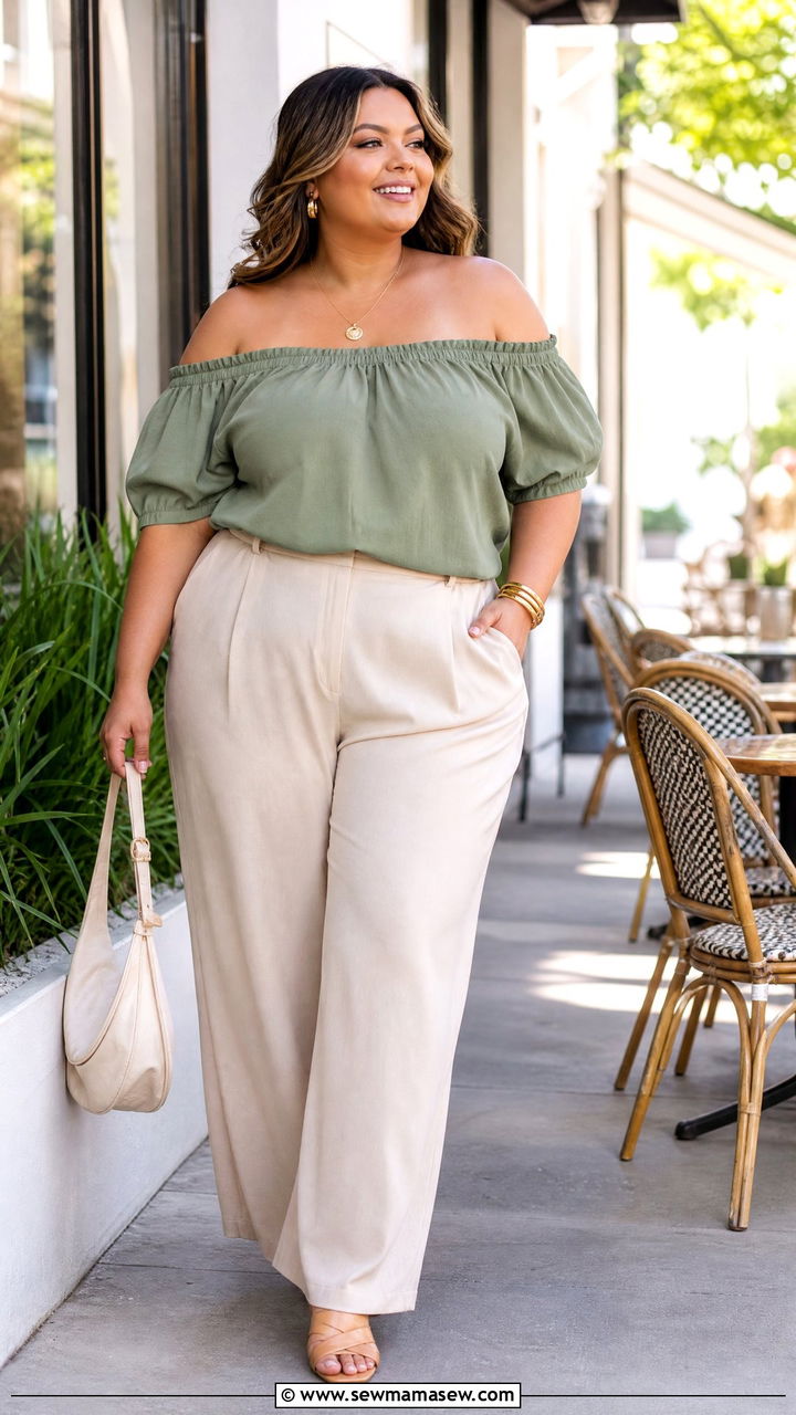 Plus Size Green Off Shoulder Top With Beige Trousers - 20 plus size summer off shoulder top outfit ideas