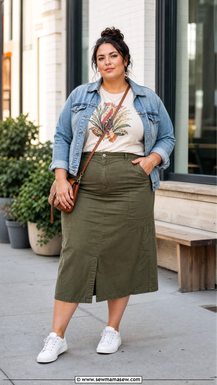Plus Size Green Skirt And Graphic Tee Outfit - 20 plus size green outfit ideas