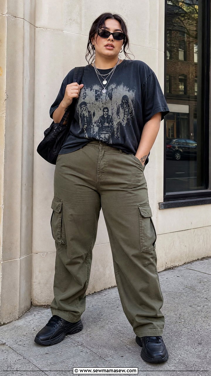 Plus Size Grunge Band Tee And Cargo Pants Outfit - 20 plus size grunge outfit ideas