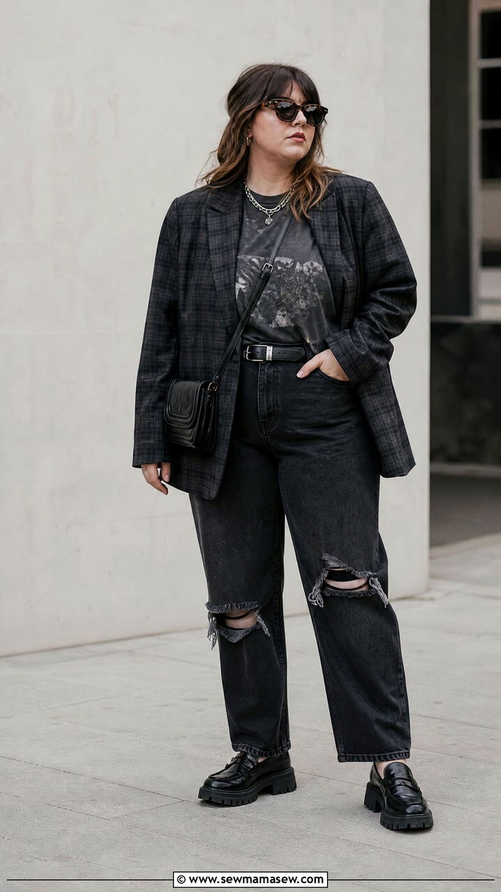 Plus Size Grunge Blazer And Ripped Jeans Outfit - 20 plus size grunge outfit ideas
