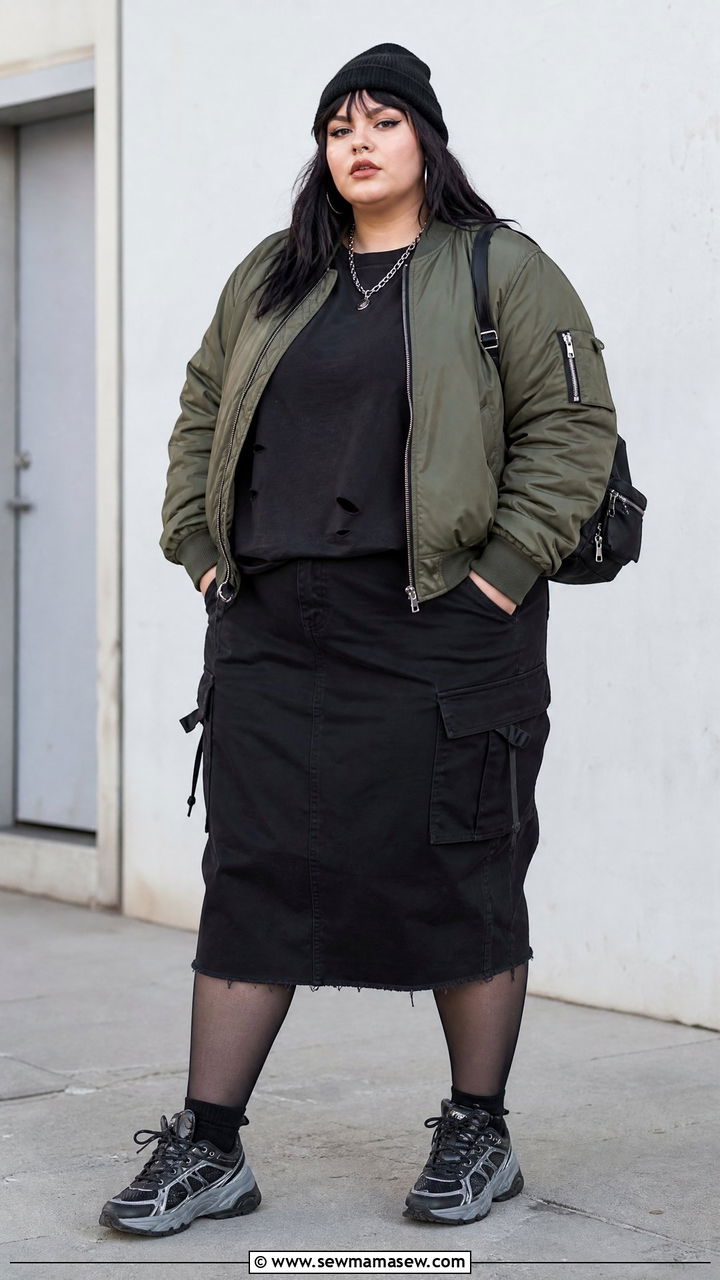Plus Size Grunge Bomber Jacket And Black Cargo Skirt Outfit - 20 plus size grunge outfit ideas