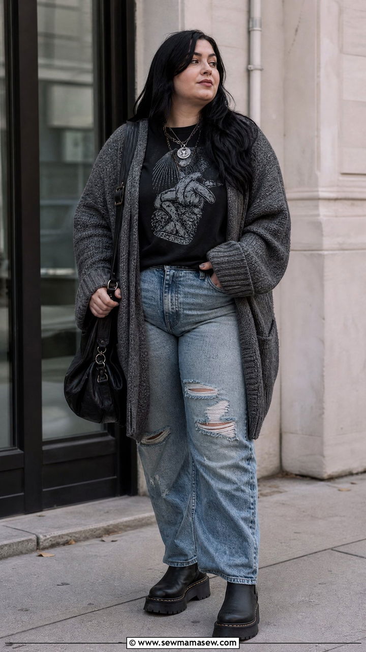Plus Size Grunge Cardigan And Distressed Denim Outfit - 20 plus size grunge outfit ideas