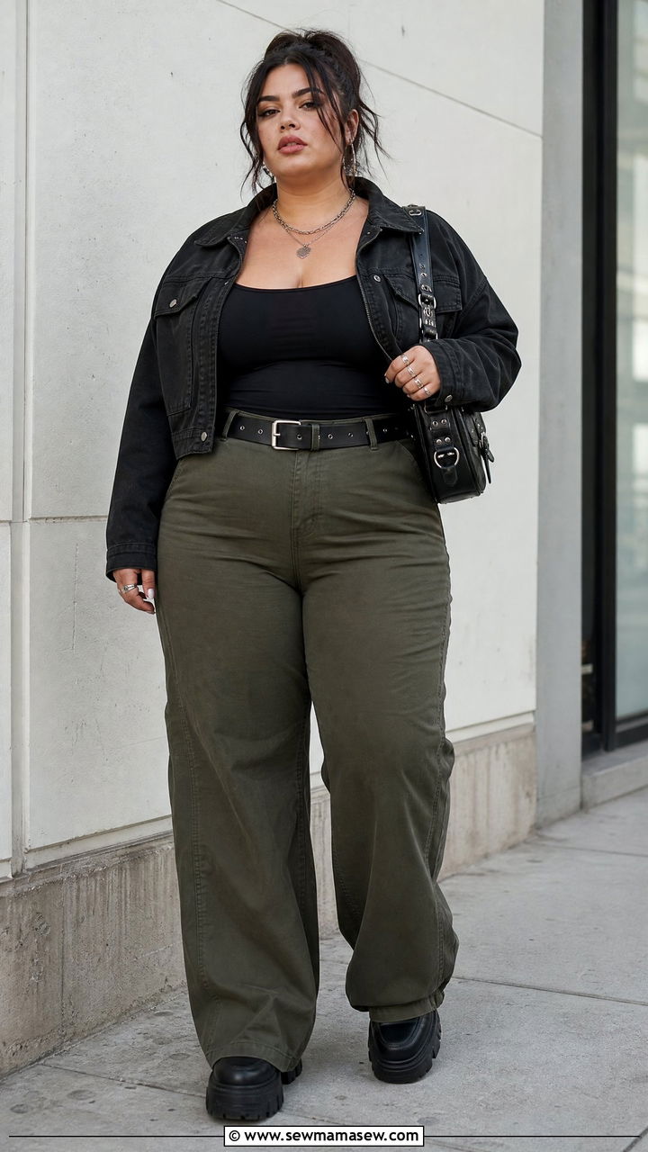 Plus Size Grunge Cropped Jacket And Wide Leg Pants Outfit - 20 plus size grunge outfit ideas