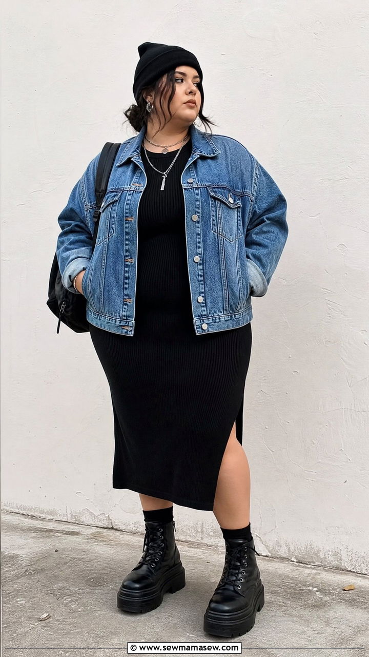 Plus Size Grunge Denim Jacket And Black Dress Outfit - 20 plus size grunge outfit ideas