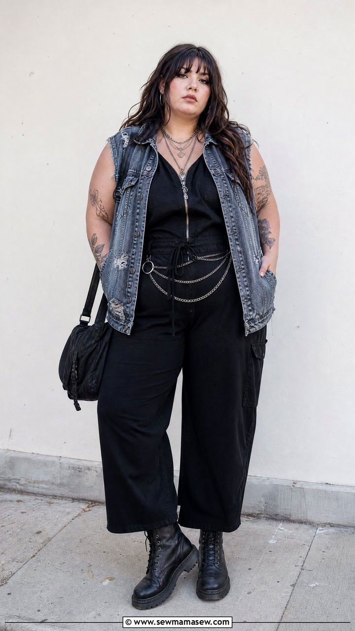 Plus Size Grunge Denim Vest And Black Jumpsuit Outfit - 20 plus size grunge outfit ideas