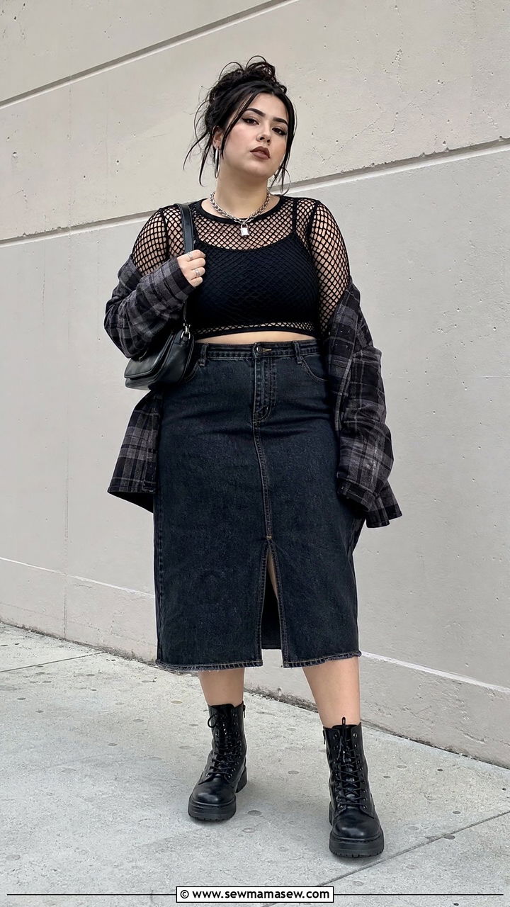 Plus Size Grunge Fishnet Top And Denim Skirt Outfit - 20 plus size grunge outfit ideas