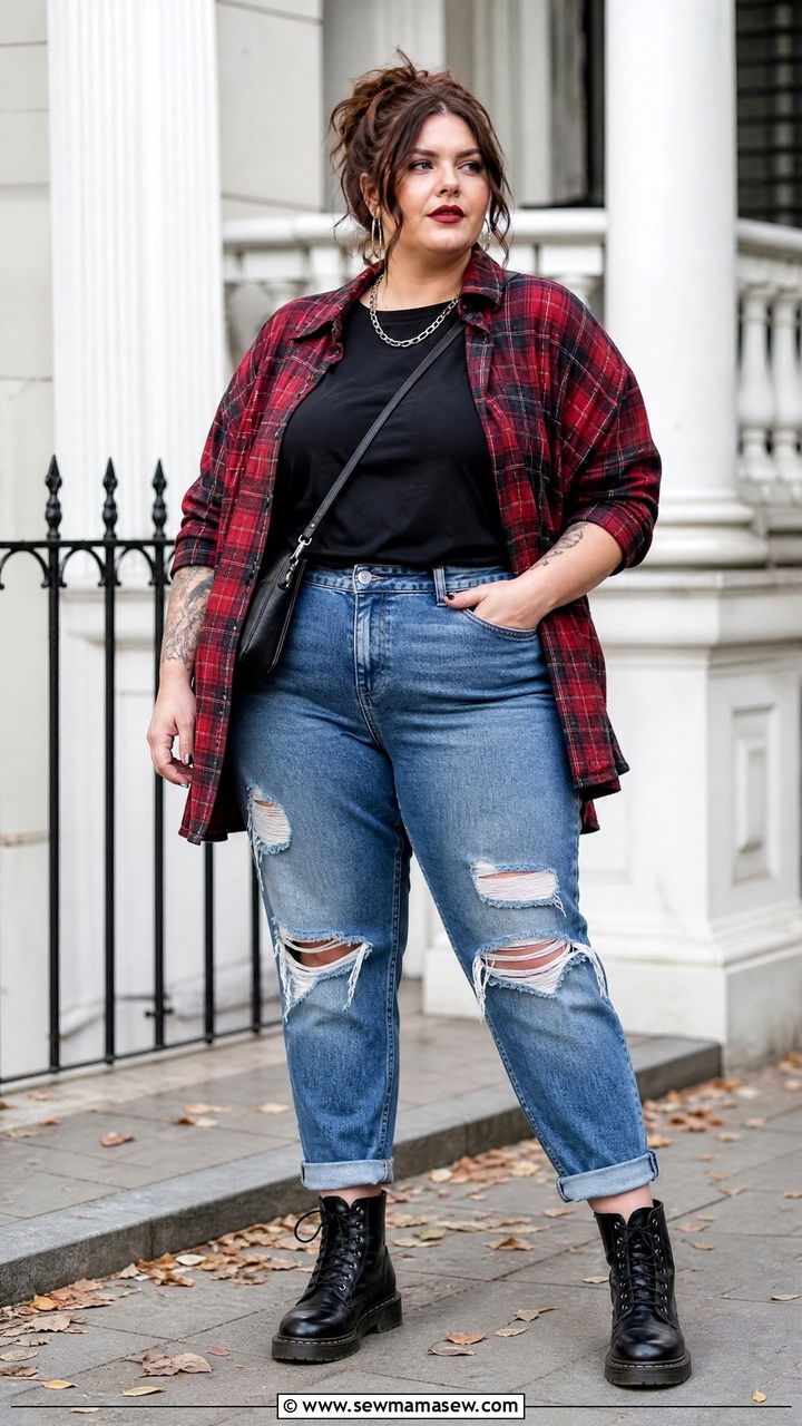 Plus Size Grunge Flannel And Ripped Jeans Outfit - 20 plus size grunge outfit ideas