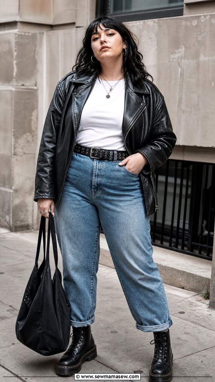 Plus Size Grunge Leather Jacket And Mom Jeans Outfit - 20 plus size grunge outfit ideas