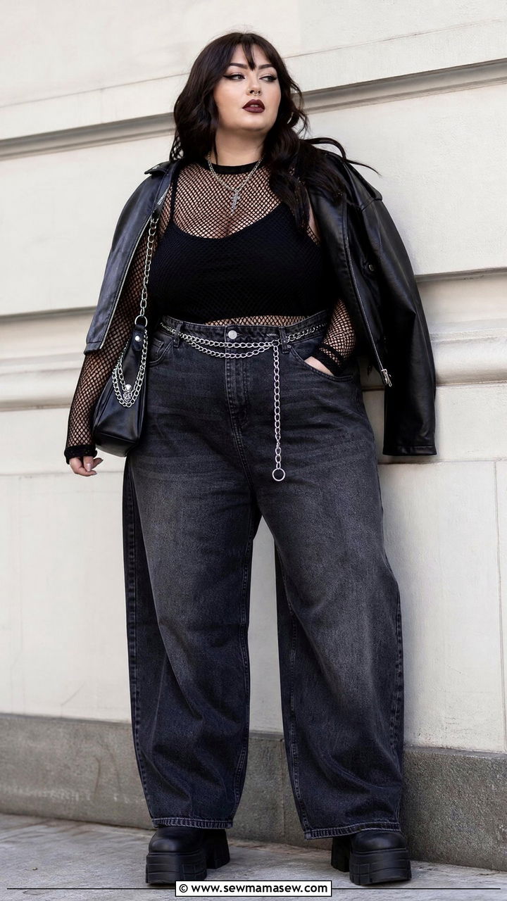 Plus Size Grunge Mesh Top And Wide Leg Jeans Outfit - 20 plus size grunge outfit ideas