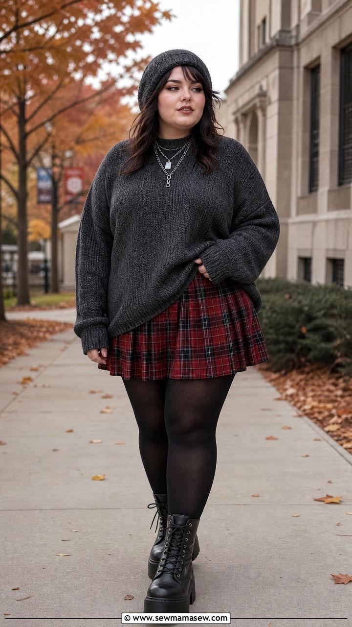Plus Size Grunge Oversized Sweater And Plaid Skirt Outfit - 20 plus size grunge outfit ideas