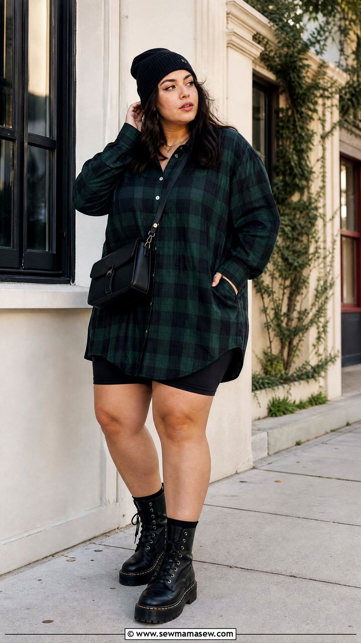 Plus Size Grunge Plaid Shirt Dress And Boots Outfit - 20 plus size grunge outfit ideas