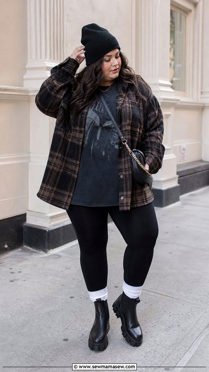 Plus Size Grunge Shacket And Black Leggings Outfit - 20 plus size grunge outfit ideas