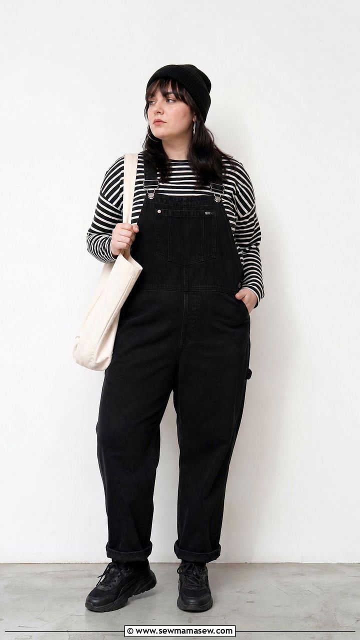 Plus Size Grunge Striped Top And Black Overalls Outfit - 20 plus size grunge outfit ideas