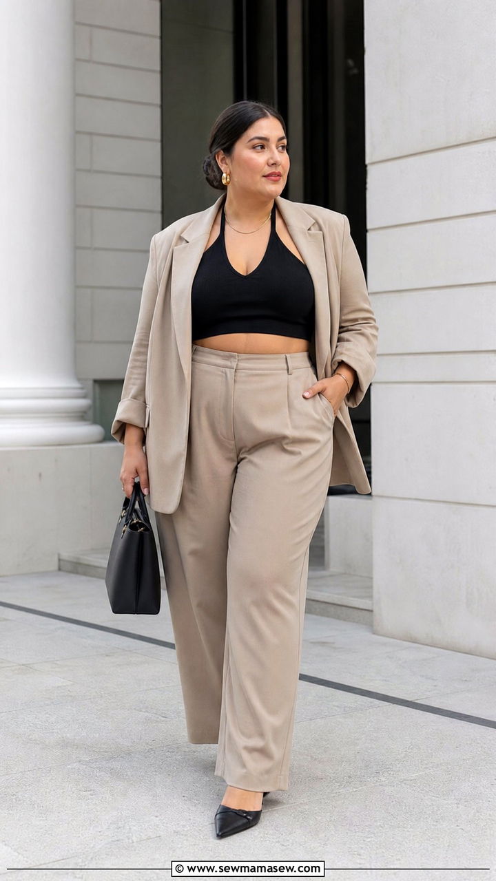 Plus Size Halter Crop Top With Blazer And Trousers - 20 plus size halter crop top outfit ideas
