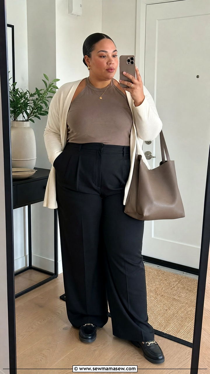 Plus Size Halter Crop Top With Cardigan And Trousers - 20 plus size halter crop top outfit ideas