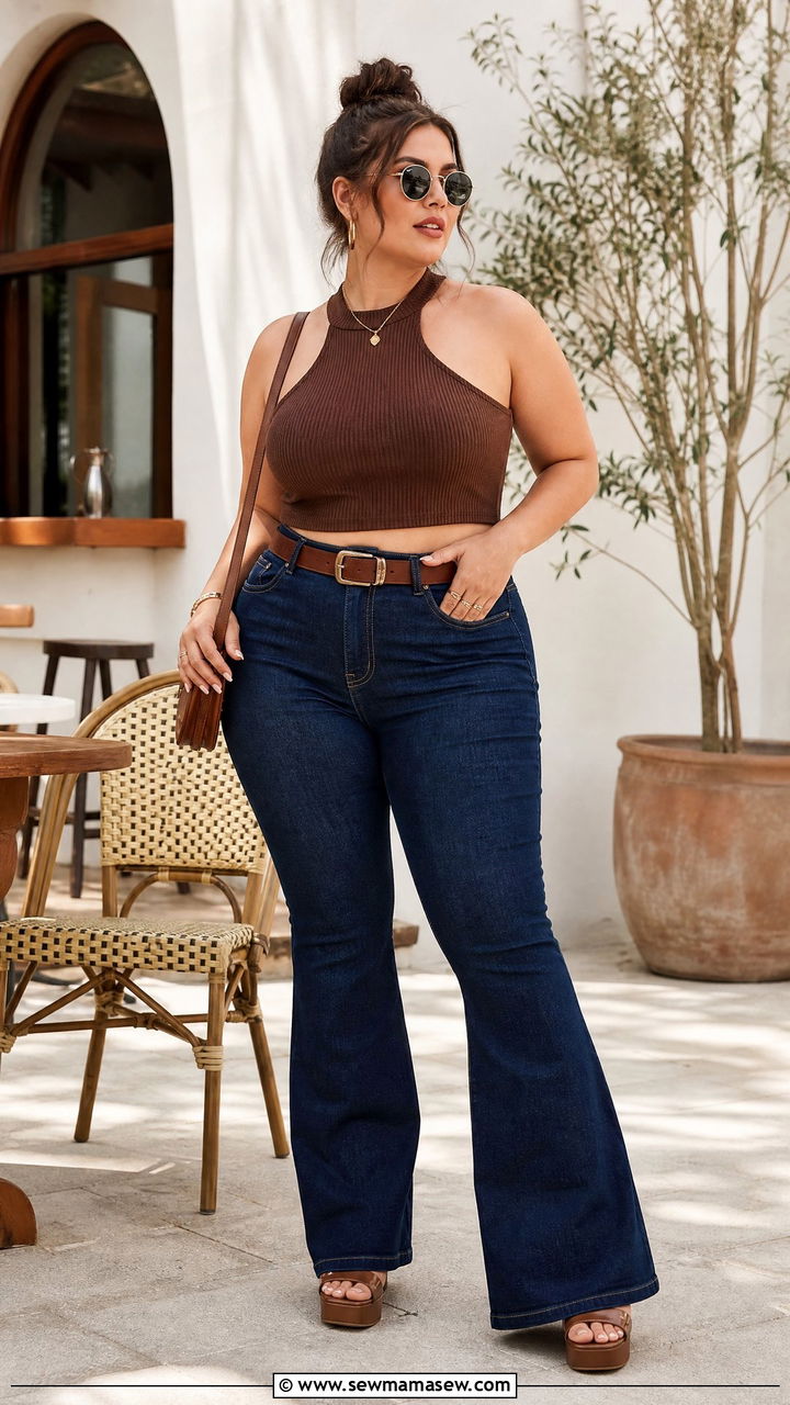 Plus Size Halter Crop Top With Flare Jeans - 20 plus size halter crop top outfit ideas