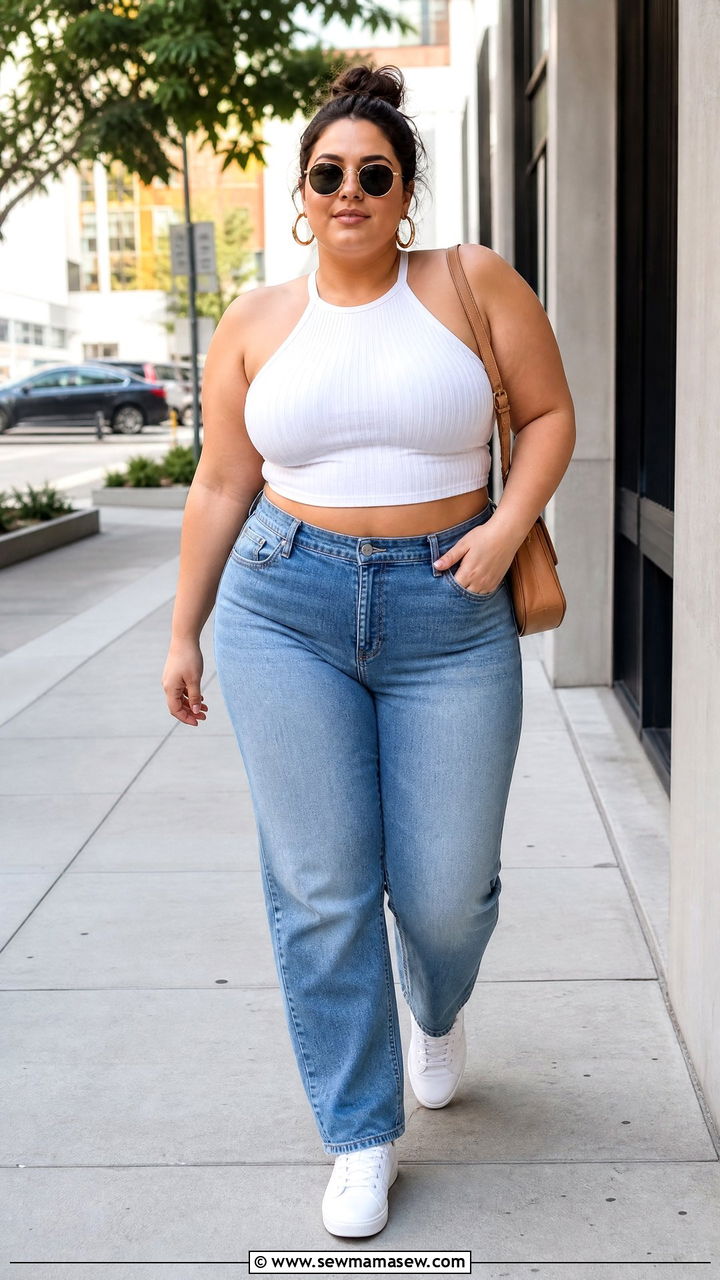 Plus Size Halter Crop Top With High Waisted Jeans - 20 plus size halter crop top outfit ideas