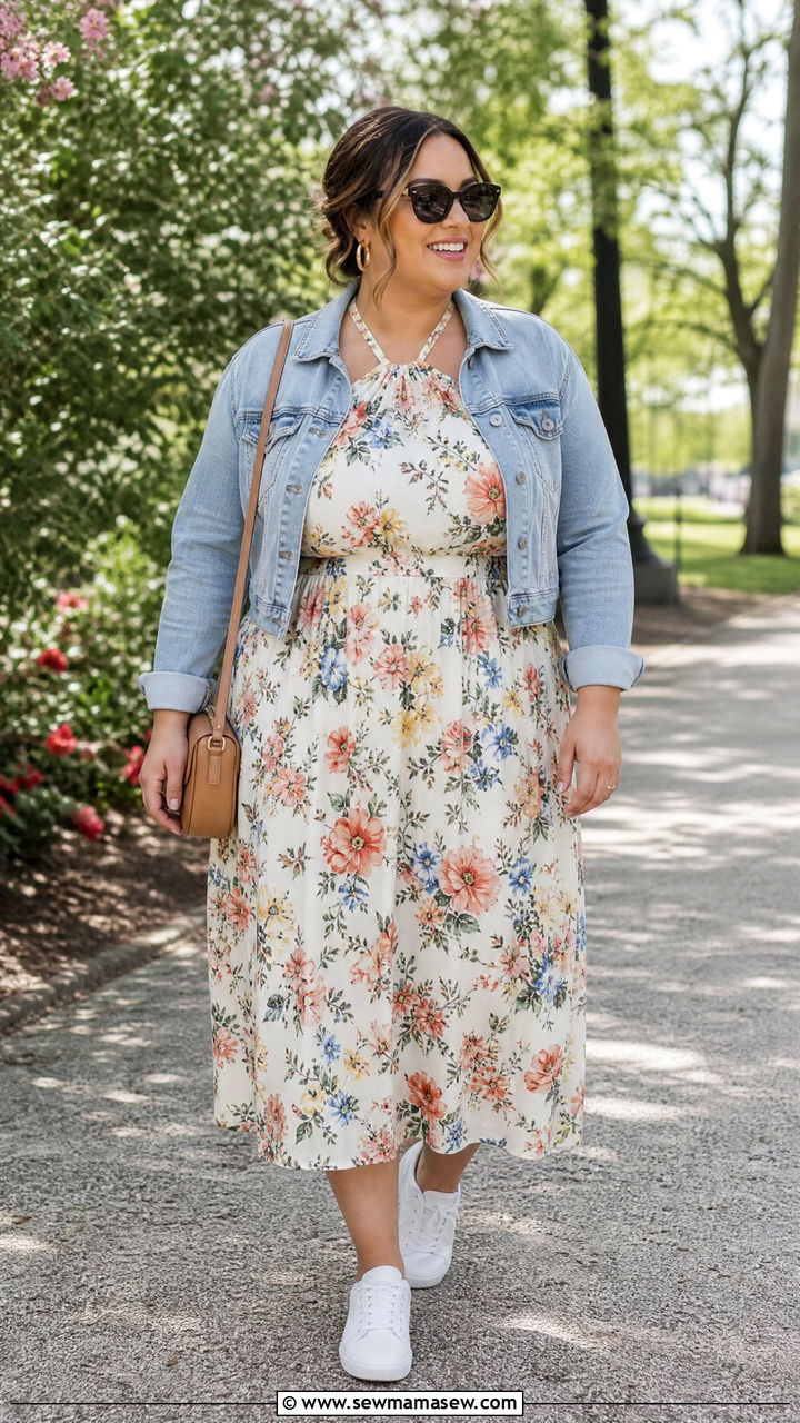 Plus Size Halter Dress With Denim Jacket Outfit - 20 plus size halter dress outfit ideas