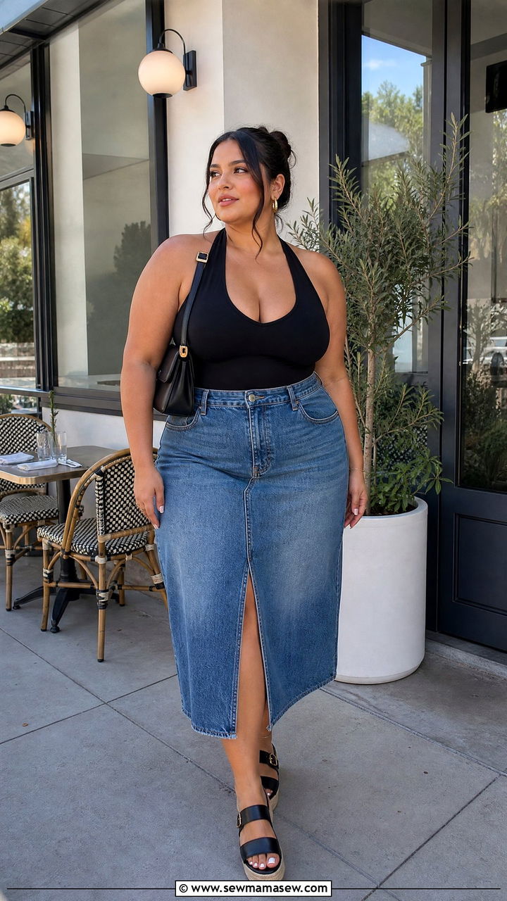 Plus Size Halter Top With Denim Midi Skirt - 20 plus size summer going out top outfit ideas
