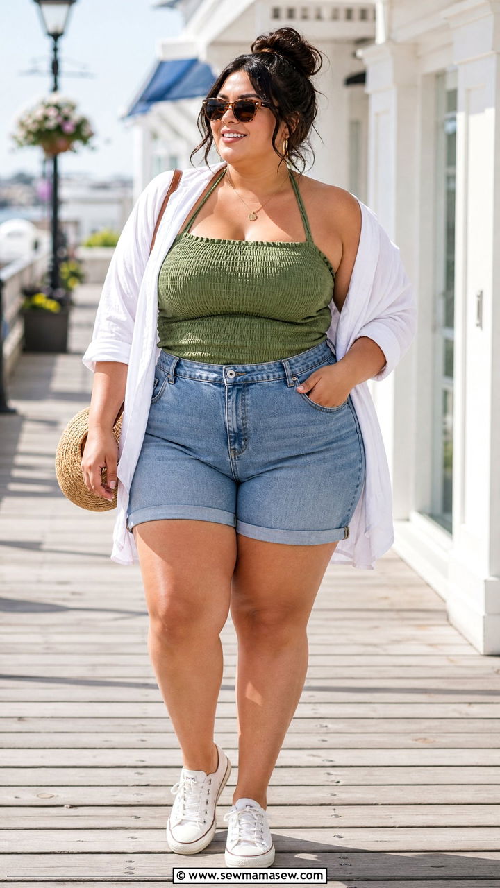 Plus Size Halter Top With Denim Shorts - 20 plus size halter top outfit ideas
