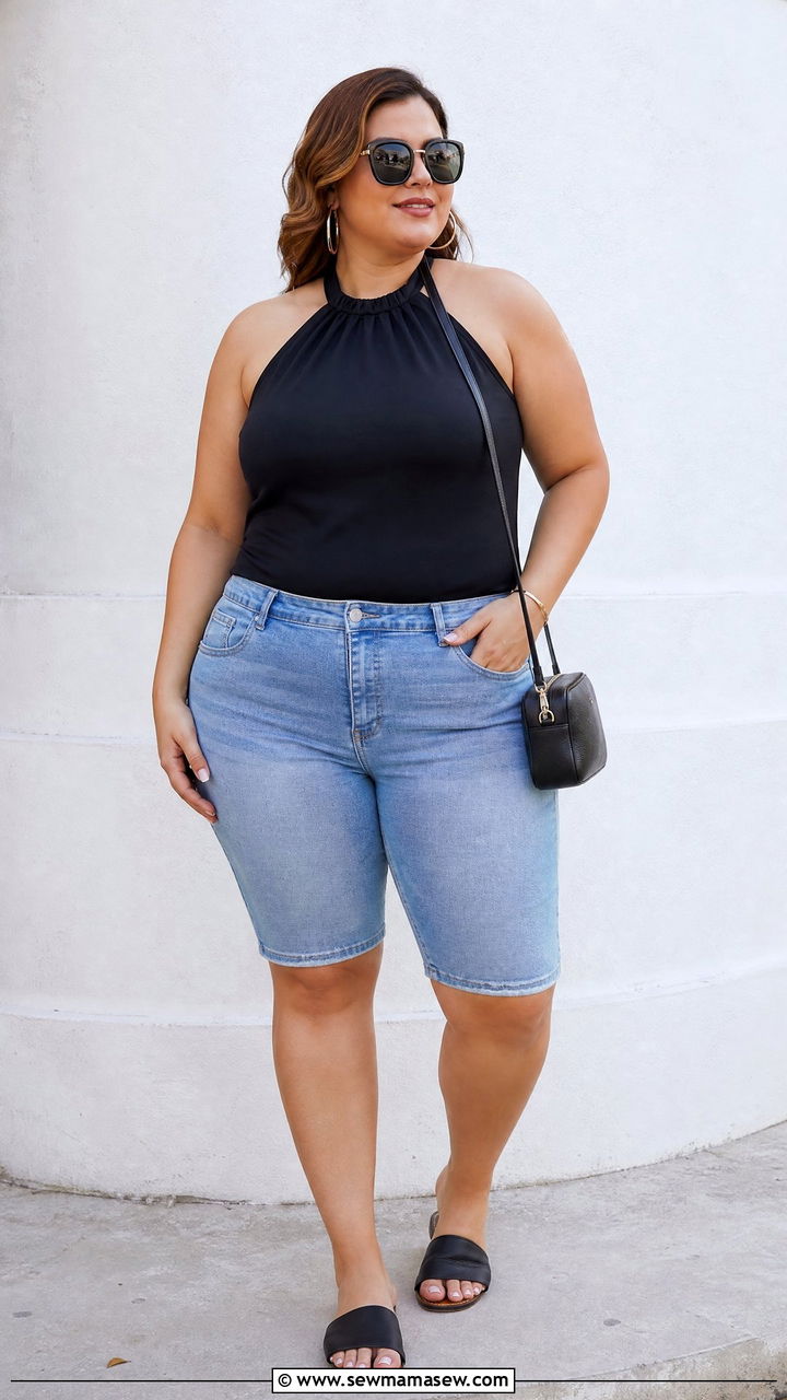 Plus Size Halter Top With Denim Shorts - 20 plus size halter neck top outfit ideas
