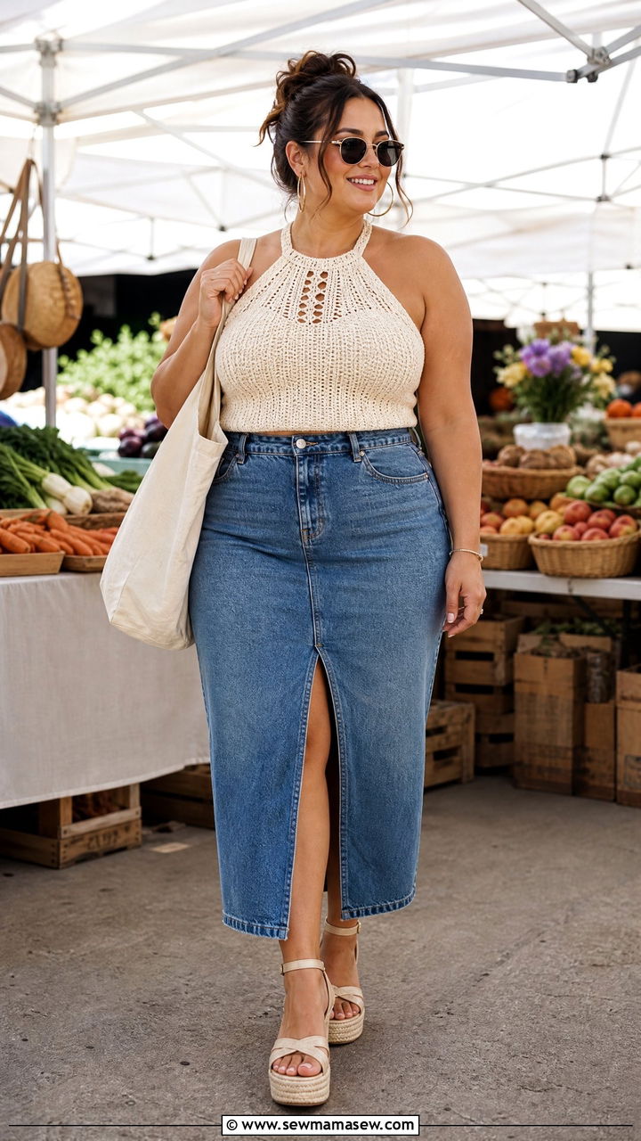 Plus Size Halter Top With Denim Skirt - 20 plus size halter neckline top outfit ideas