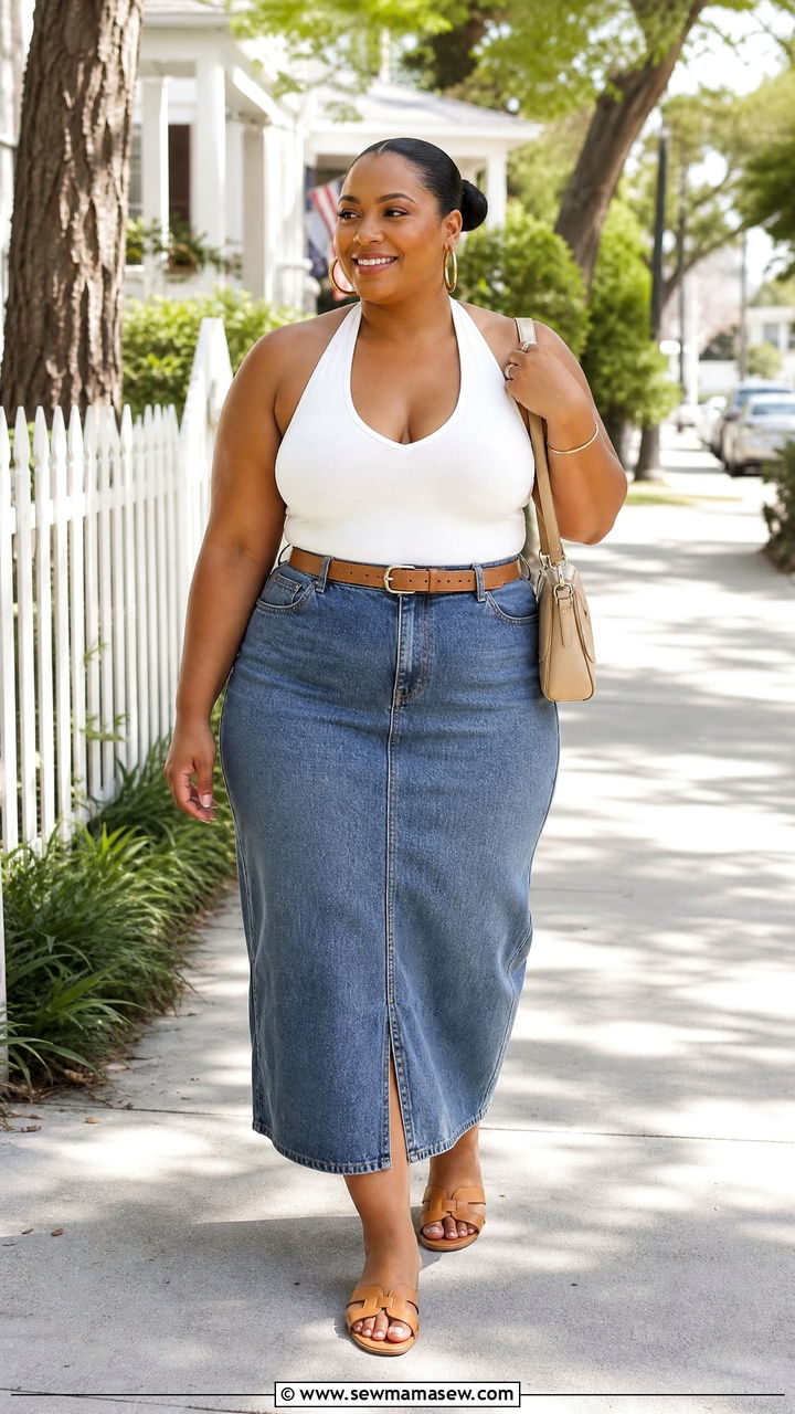 Plus Size Halter Top With Denim Skirt - 20 plus size halter top outfit ideas