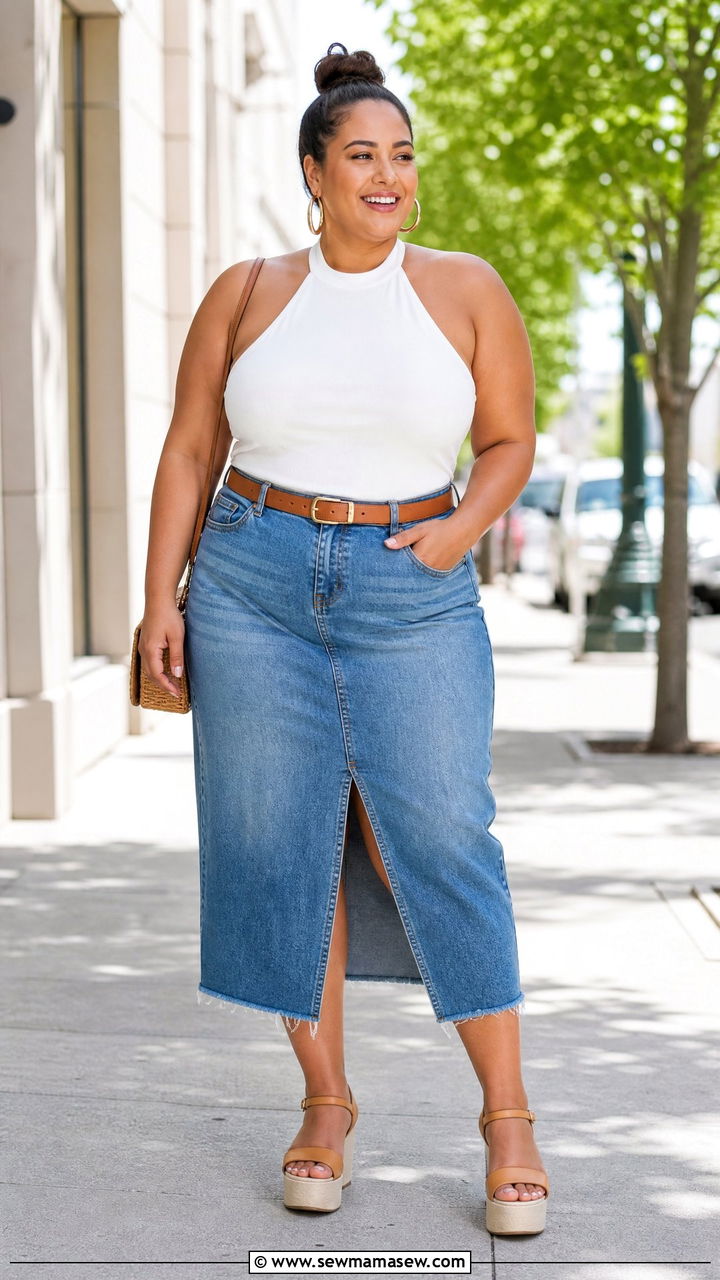 Plus Size Halter Top With Denim Skirt - 20 plus size halter neck top outfit ideas