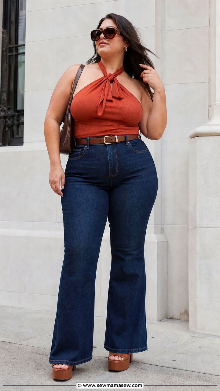 Plus Size Halter Top With Flared Jeans - 20 plus size halter top outfit ideas