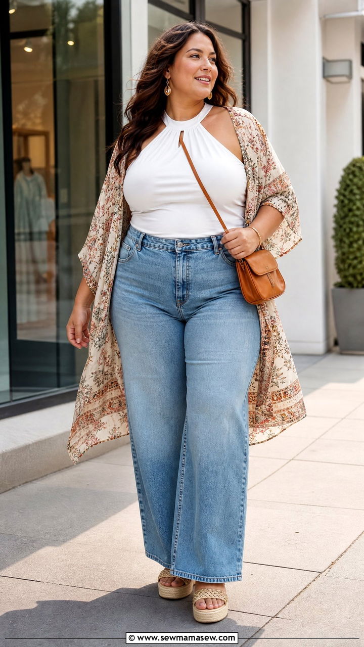 Plus Size Halter Top With Kimono And Jeans - 20 plus size halter top outfit ideas for summer
