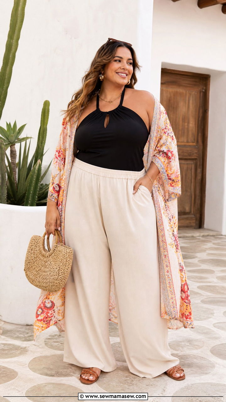 Plus Size Halter Top With Kimono And Pants - 20 plus size halter top outfit ideas