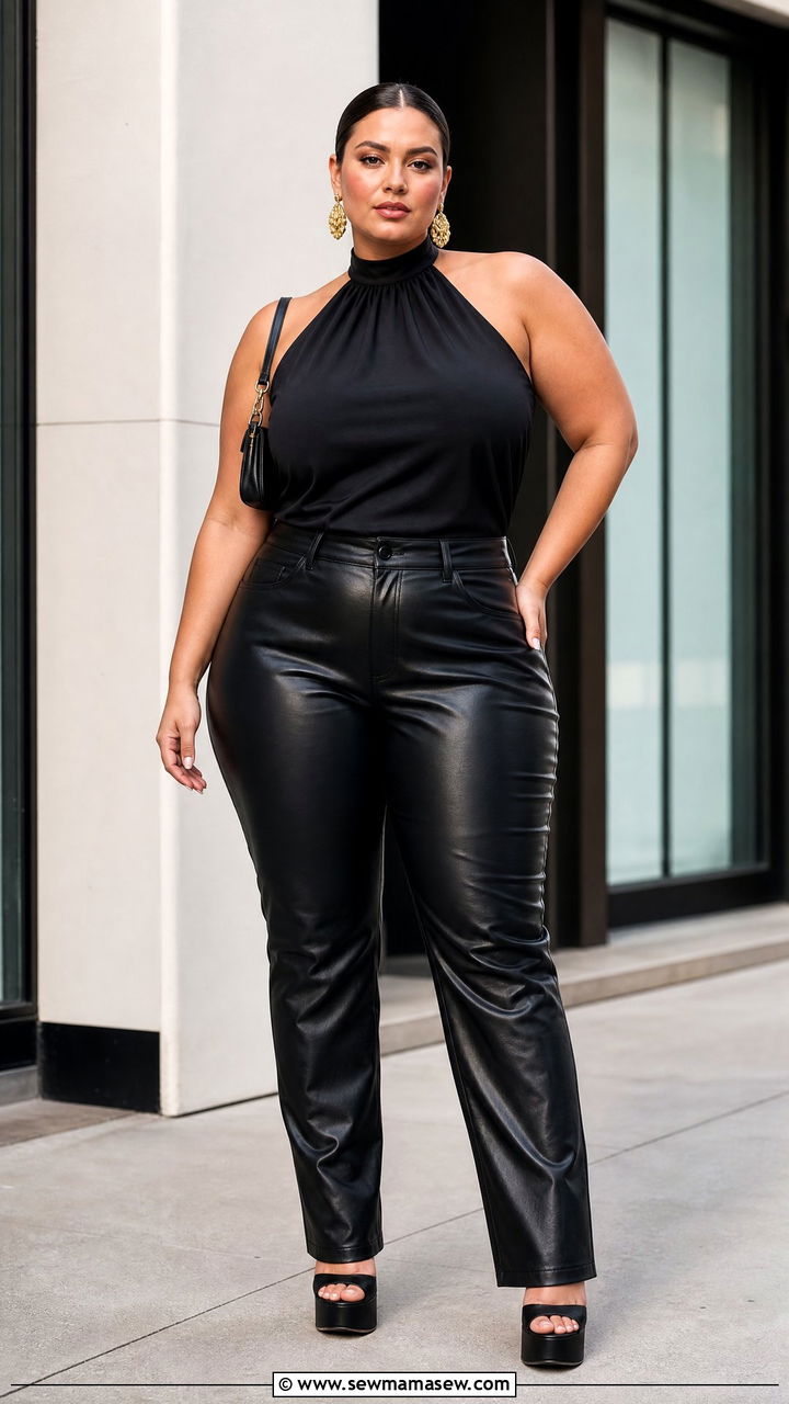 Plus Size Halter Top With Leather Pants - 20 plus size halter neck top outfit ideas