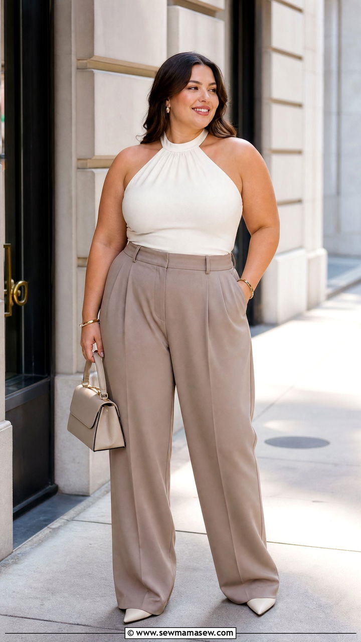 Plus Size Halter Top With Tailored Trousers - 20 plus size halter neckline top outfit ideas
