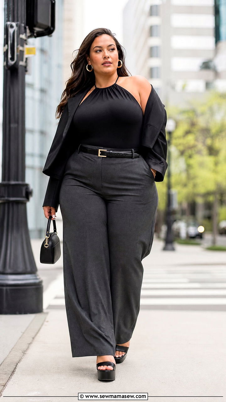 Plus Size Halter Top With Wide Leg Pants - 20 plus size edgy top outfit ideas