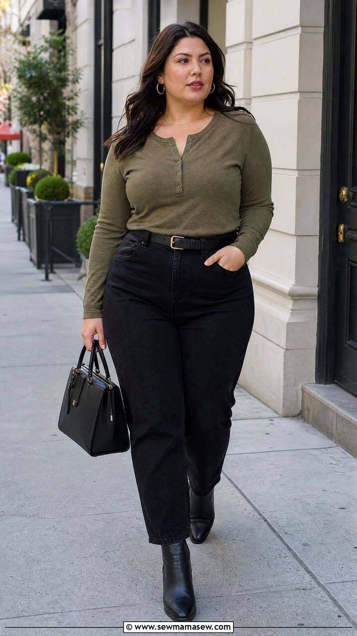 Plus Size Henley Top With Black Jeans - 20 plus size henley top outfit ideas
