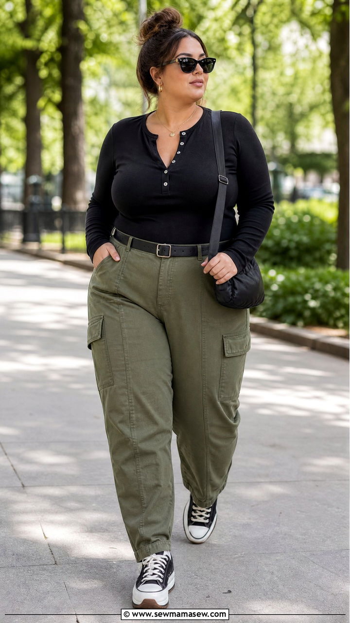 Plus Size Henley Top With Cargo Pants - 20 plus size henley top outfit ideas