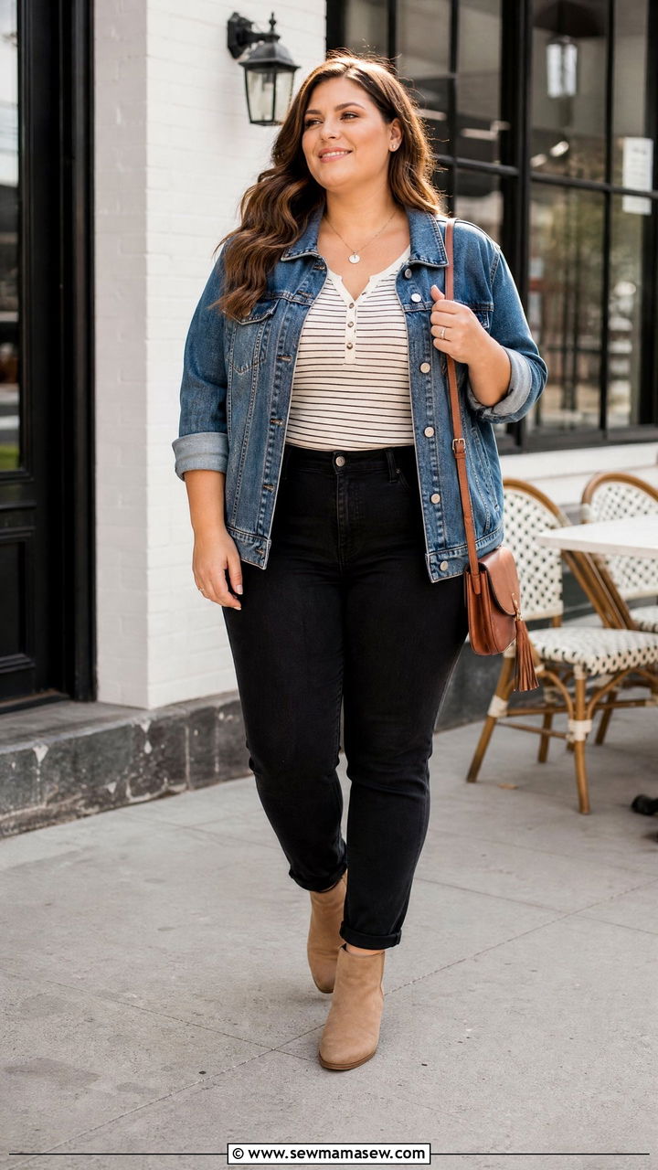 Plus Size Henley Top With Denim Jacket - 20 plus size henley top outfit ideas