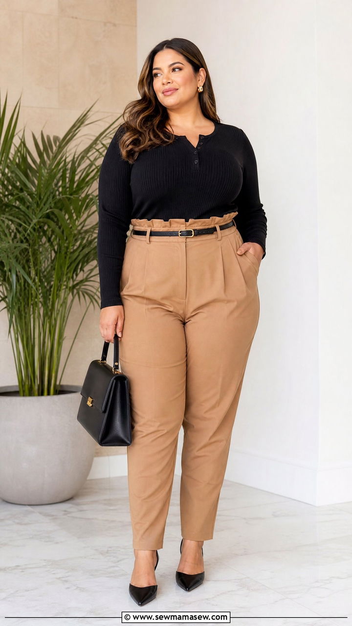 Plus Size Henley Top With Paperbag Waist Pants - 20 plus size henley top outfit ideas