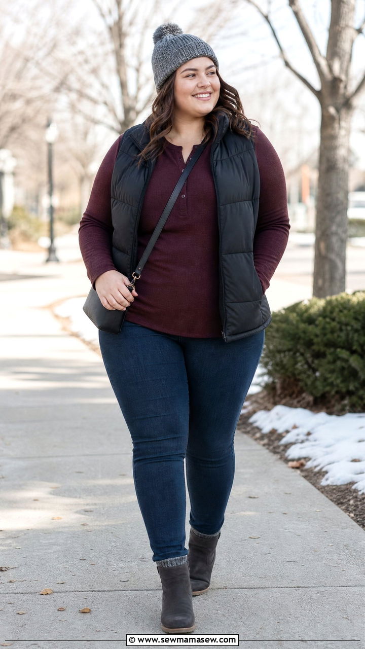 Plus Size Henley Top With Puffer Vest - 20 plus size henley top outfit ideas