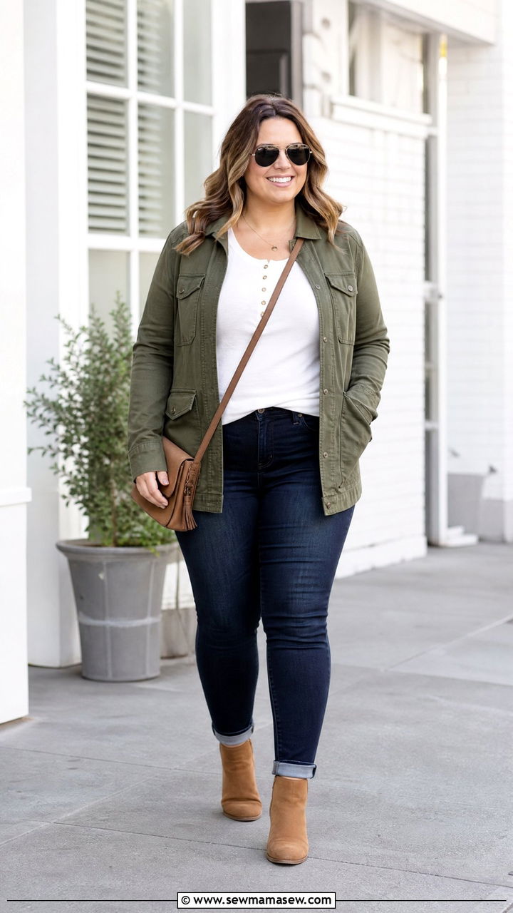 Plus Size Henley Top With Utility Jacket - 20 plus size henley top outfit ideas